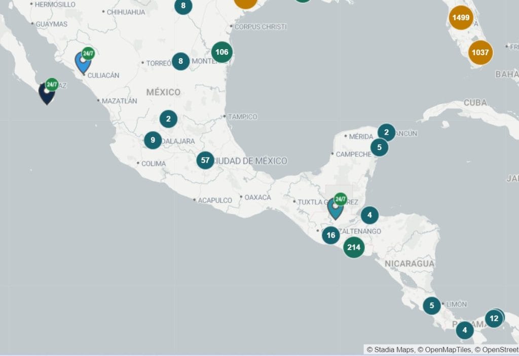 A map showing Bitcoin ATMs in and near Mexico.