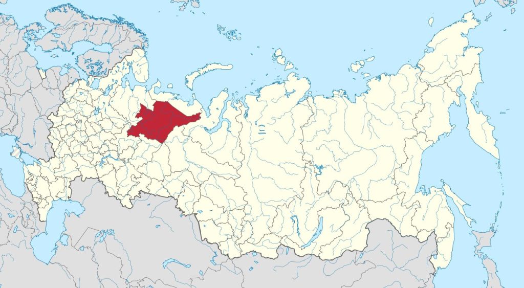 Komi Republic on a map of Russia.