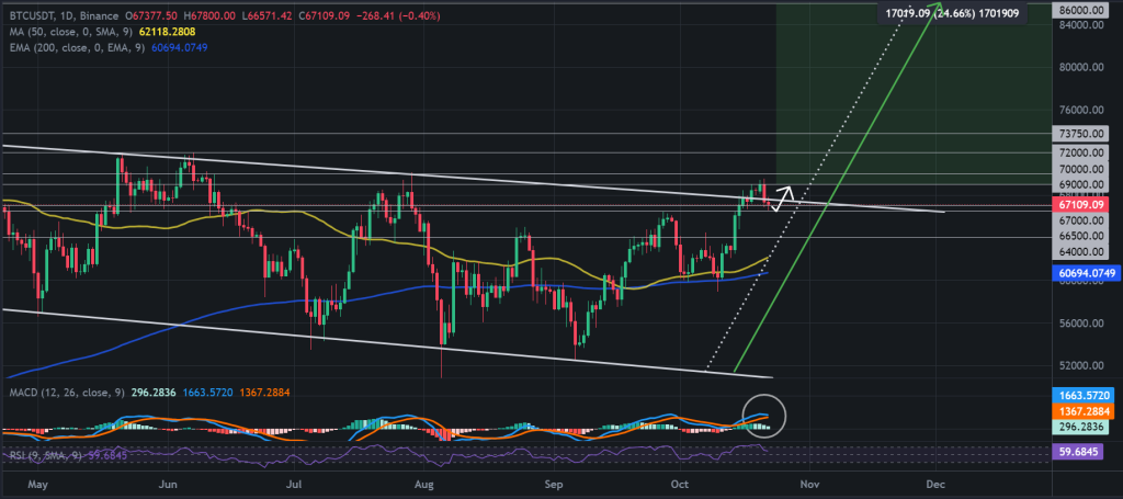 BTC / USDT 1D Chart, staggered Descending Channel Breakout. Source: Binance. 