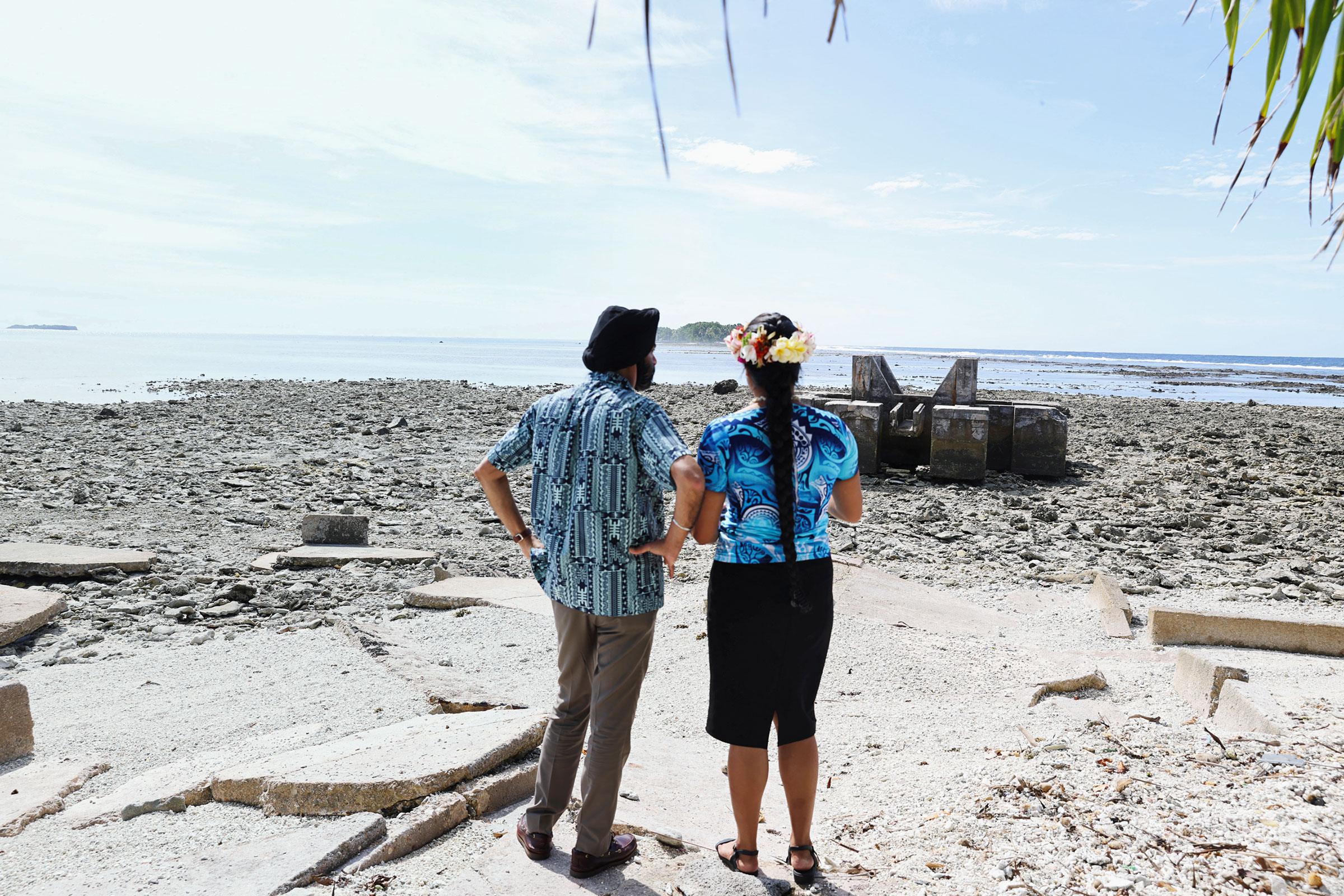 World Bank's president Ajay Banga views the impact of sea level rise in Funafuti, Tuvalu, September 6, 2024. Scientists say by 2050, half of Tuvalu's main town of Funafuti will be inundated by tides. A climate migration deal struck with Australia gives its population a pathway to move when the atoll nation becomes uninhabitable. REUTERS/Kirsty Needham