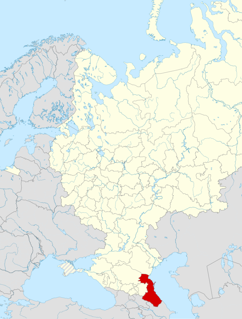 Dagestan on a map of Russia.