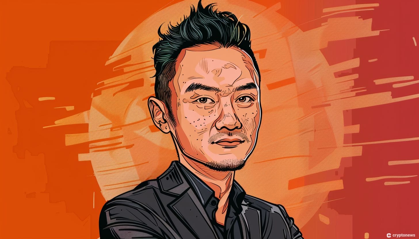 An illustration of Justin Sun, founder of Tron, against an orange background with stylized lines. He is wearing a black shirt and blazer and has a serious expression.