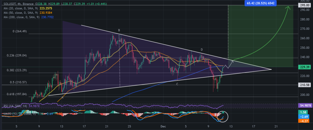 SOL / USDT 4H chart, symmetrical triangle pattern. Source: Binance.