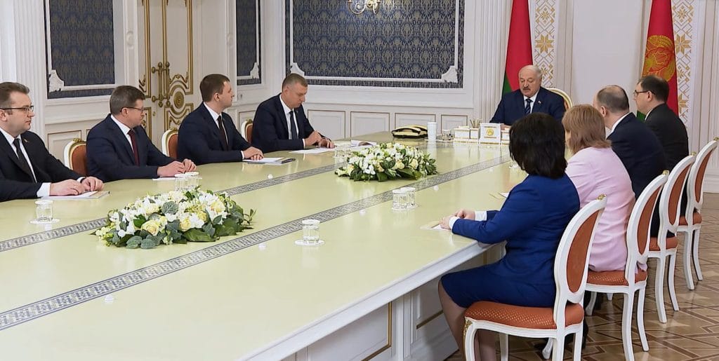 The Belarus President Alexander Lukashenko speaking at a meeting with senior ministers.