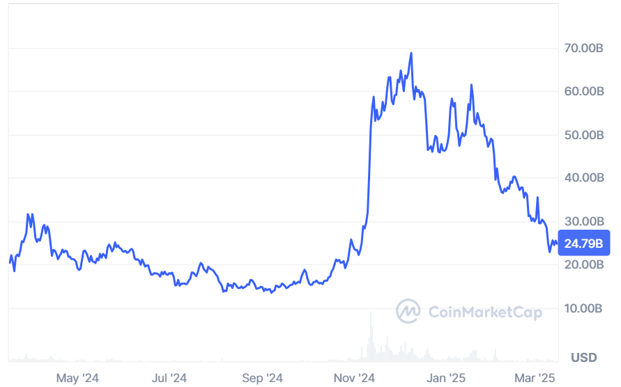 A graph showing the market cap of Dogecoin (DOGE) over the past 12 months.