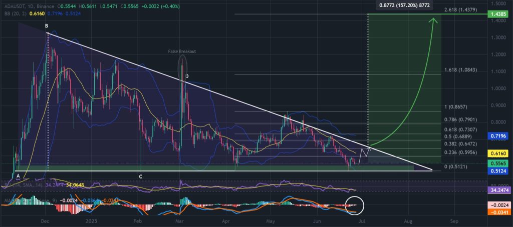 Cardano price 1-day chart, descending triangle pattern. Source: TradingView, Binance. 