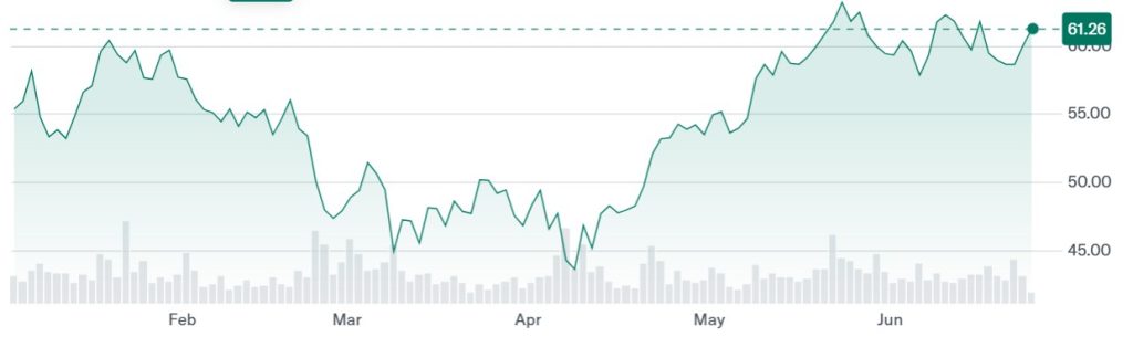 A graph showing IBIT prices (USD) since the start of 2025.