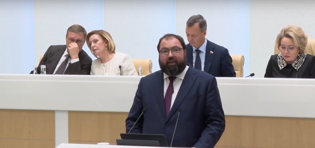 Maksut Shadayev, the Russian Minister of Digital Development, Communications, and Mass Media, speaking at the Federation Council earlier this year.