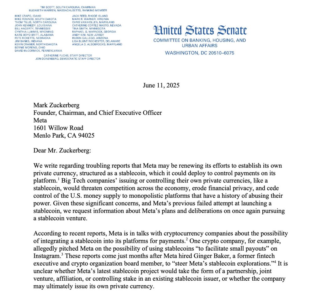 Senators Warren and Blumenthal Go to War Against Meta's New Stablecoin Scheme, Calling it a 'Threat'