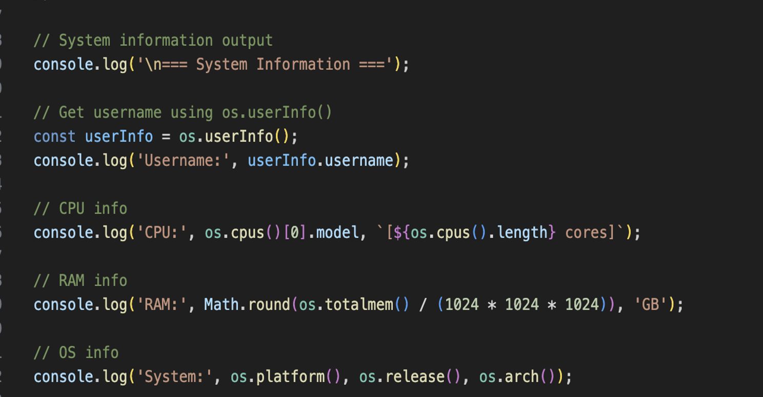 Code from the Electron app showing console output of system profiling.