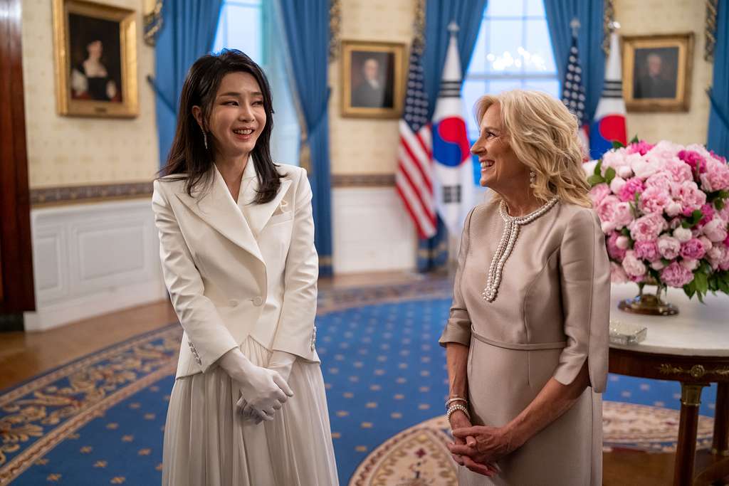 Former South Korean First Lady Kim Keon-hee (left) with the former US First Lady Jill Biden in 2023.