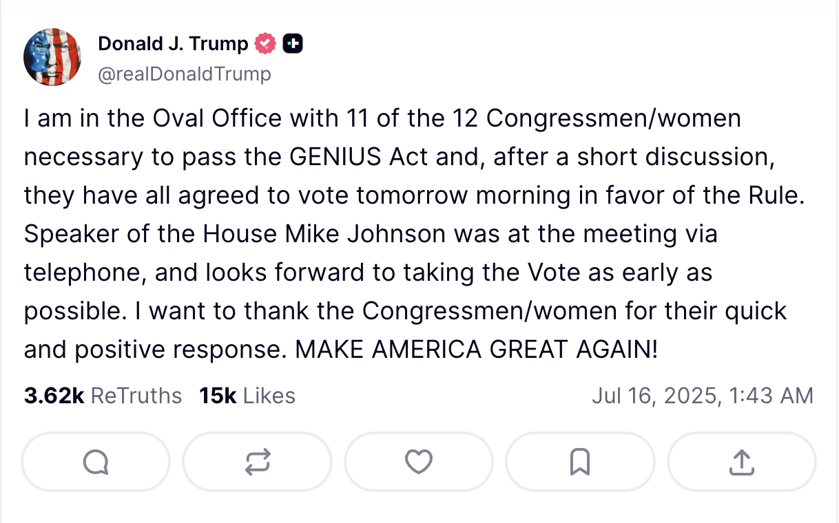 Trump Secures 11 GOP Votes for GENIUS Act Following Oval Office Meeting — Vote Expected Tomorrow