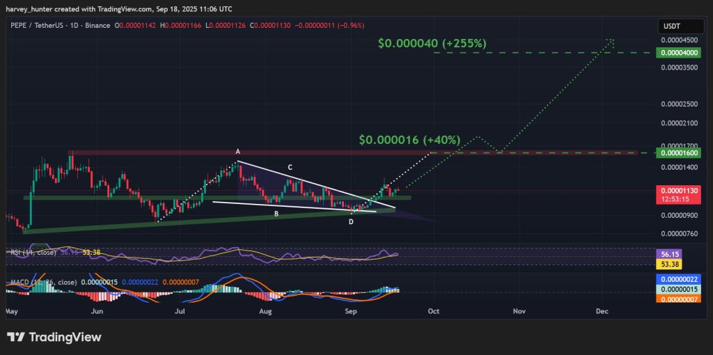 PEPE / USDT 1-day chart, bull flag pattern breakout continues. Source: TradingView.