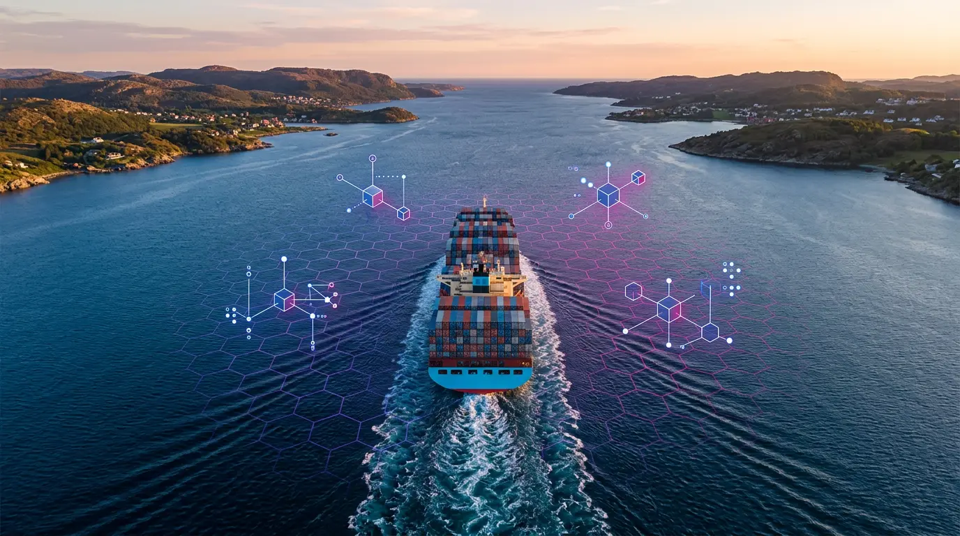 Cargo ship in strait with Bitcoin blockchain overlay and purple-magenta digital grid technology