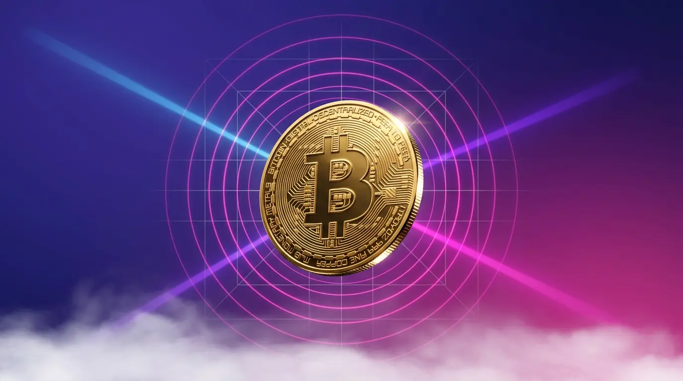 Bitcoin coin with purple magenta gradient and geometric grid representing global trading session timing patterns