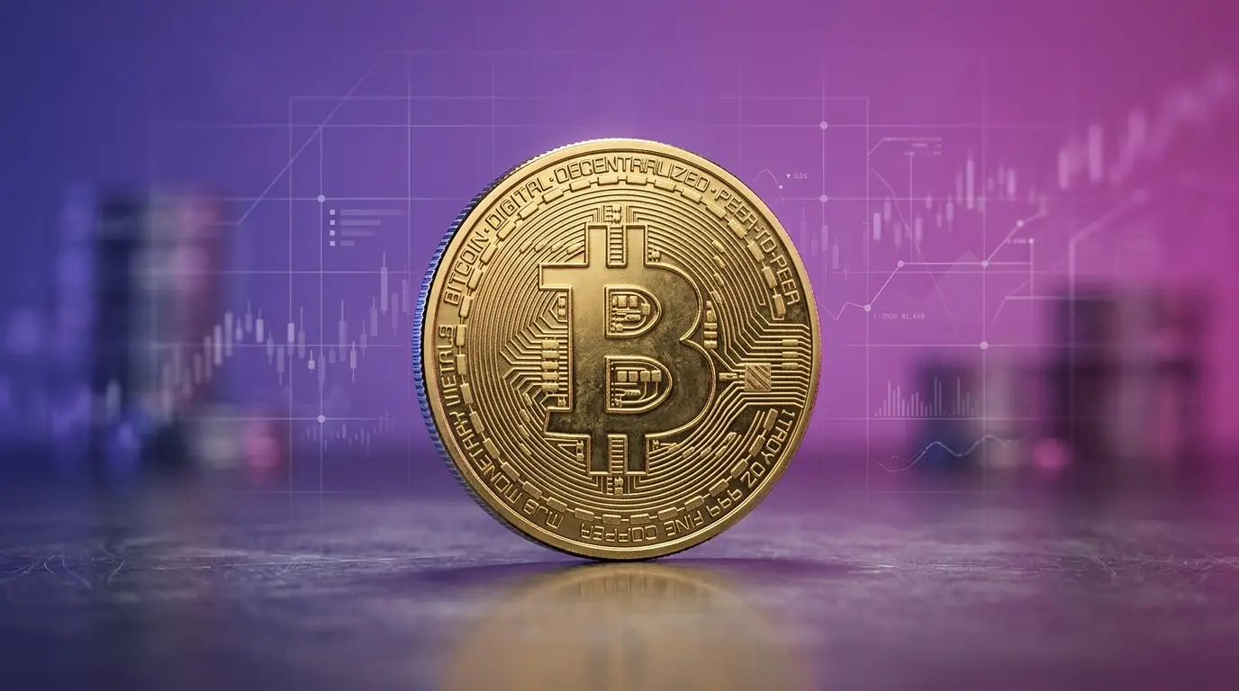 Bitcoin coin with purple-magenta gradient and digital grid representing price analysis and market structure