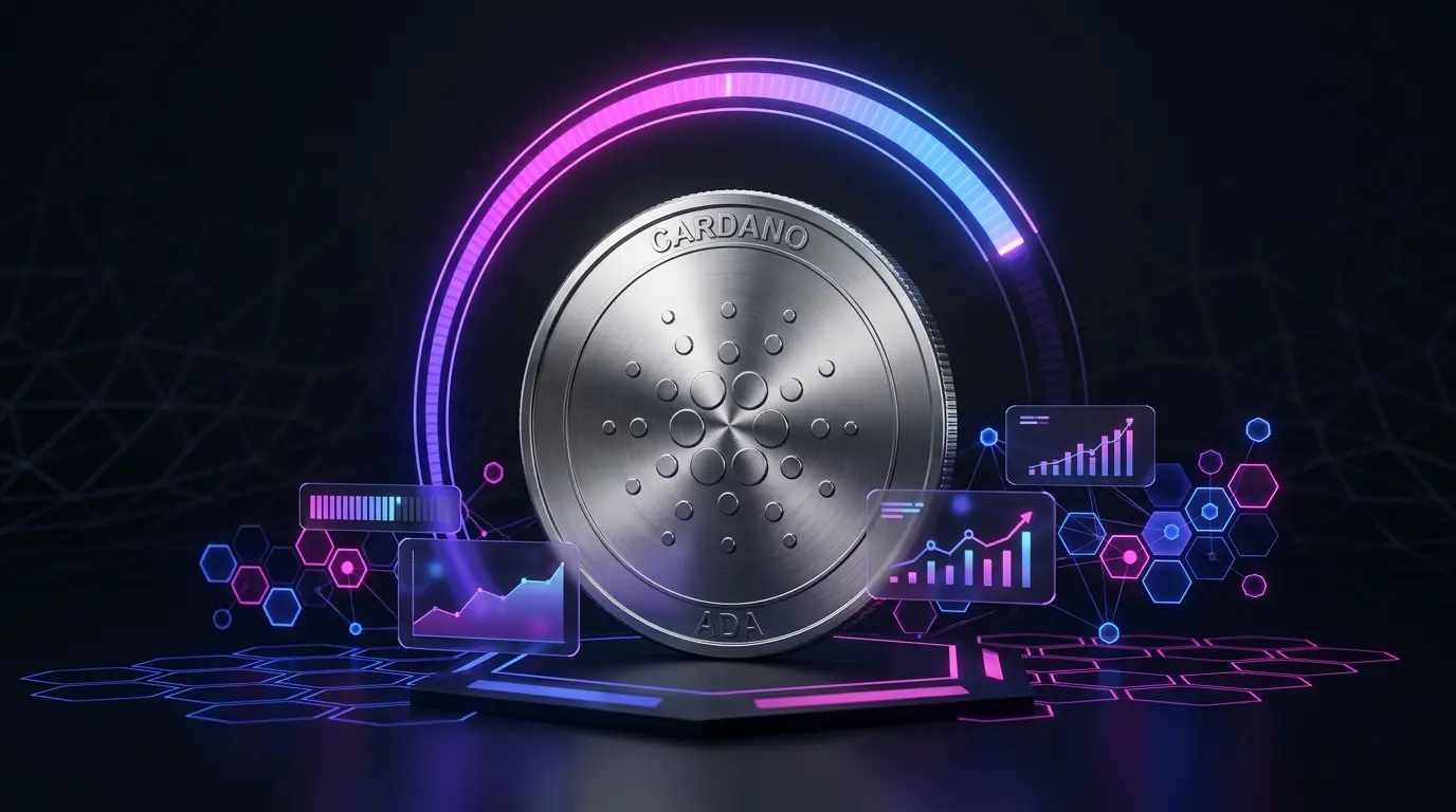 Cardano ADA coin with purple gradient progress meter and network grid visualization