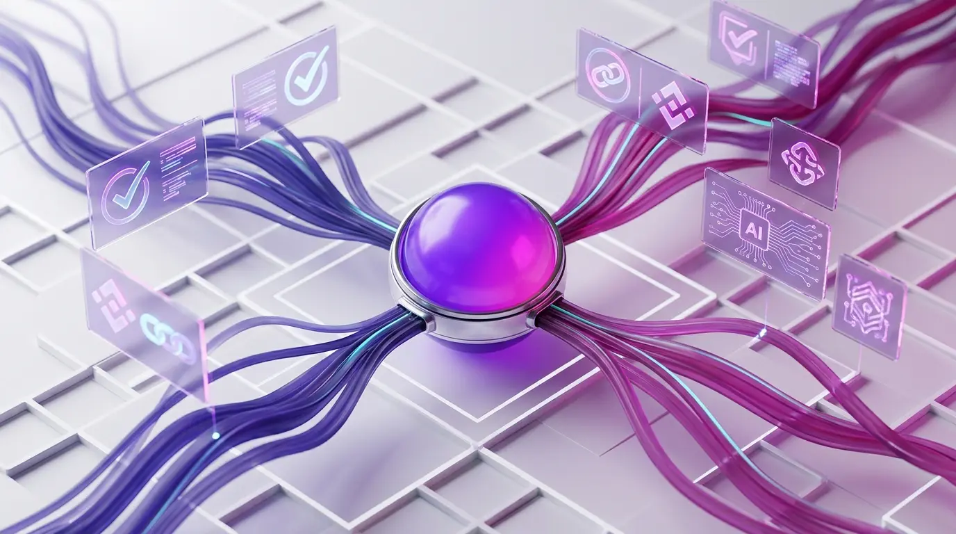 AI neural network sphere with purple-magenta gradients connecting to regulatory compliance holograms on grid backdrop