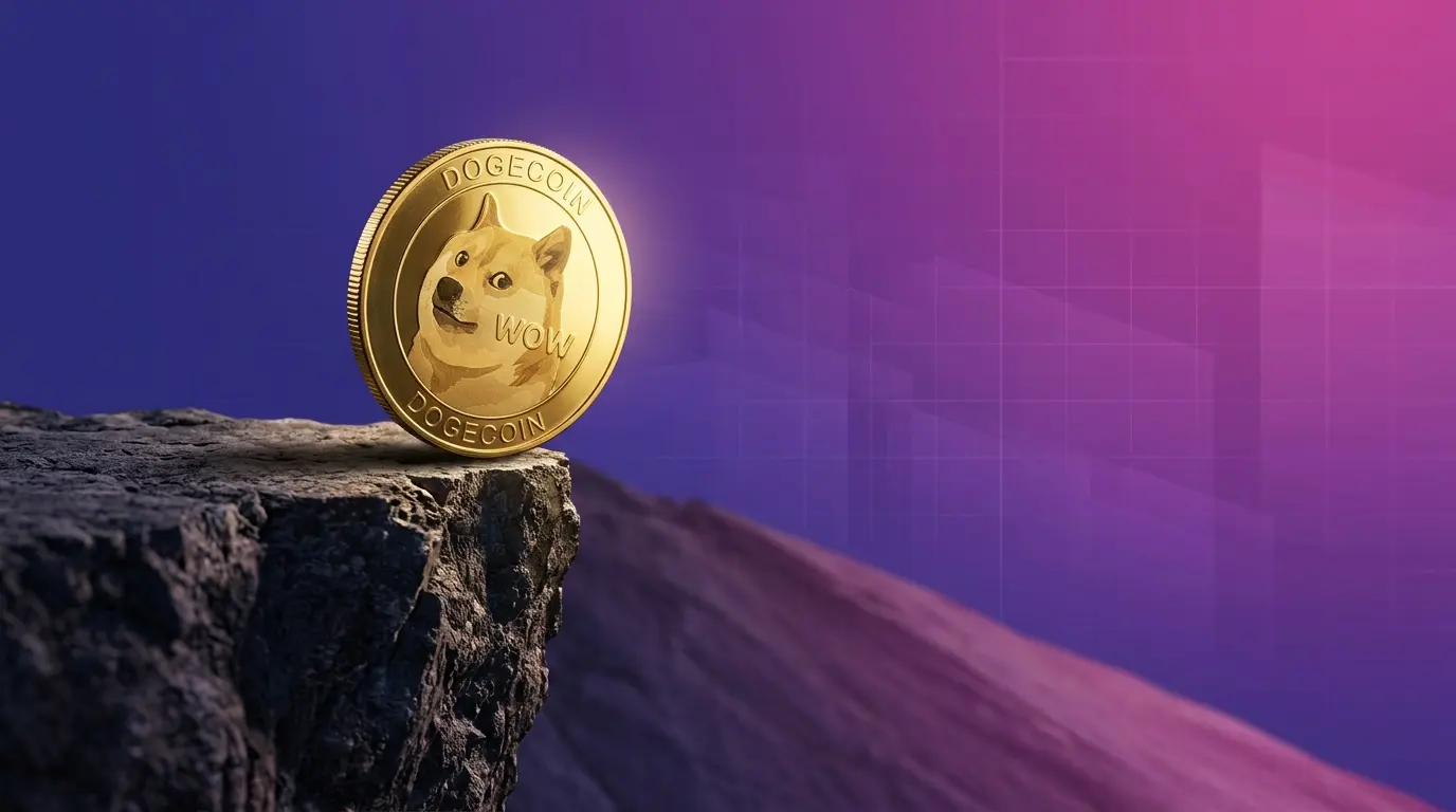 Dogecoin balanced precariously on edge with purple-magenta gradient background representing price uncertainty