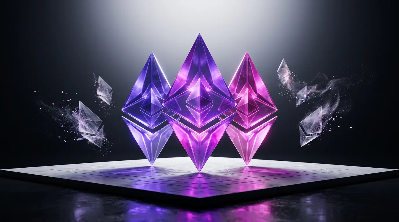 Three dominant crystal structures casting light over dissolving fragments representing Ethereum Layer 2 consolidation