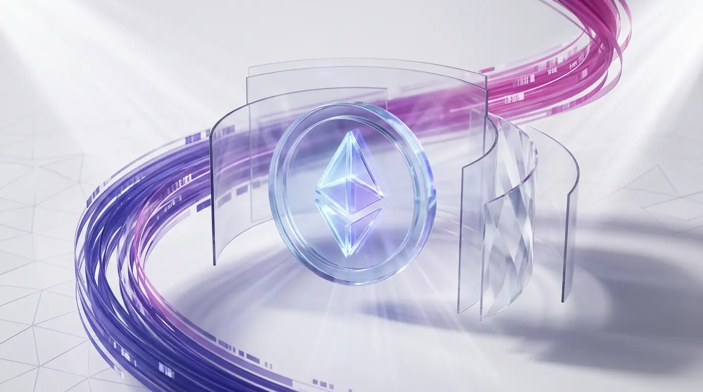 Ethereum coin with transparent privacy shields and purple gradient data streams on white background