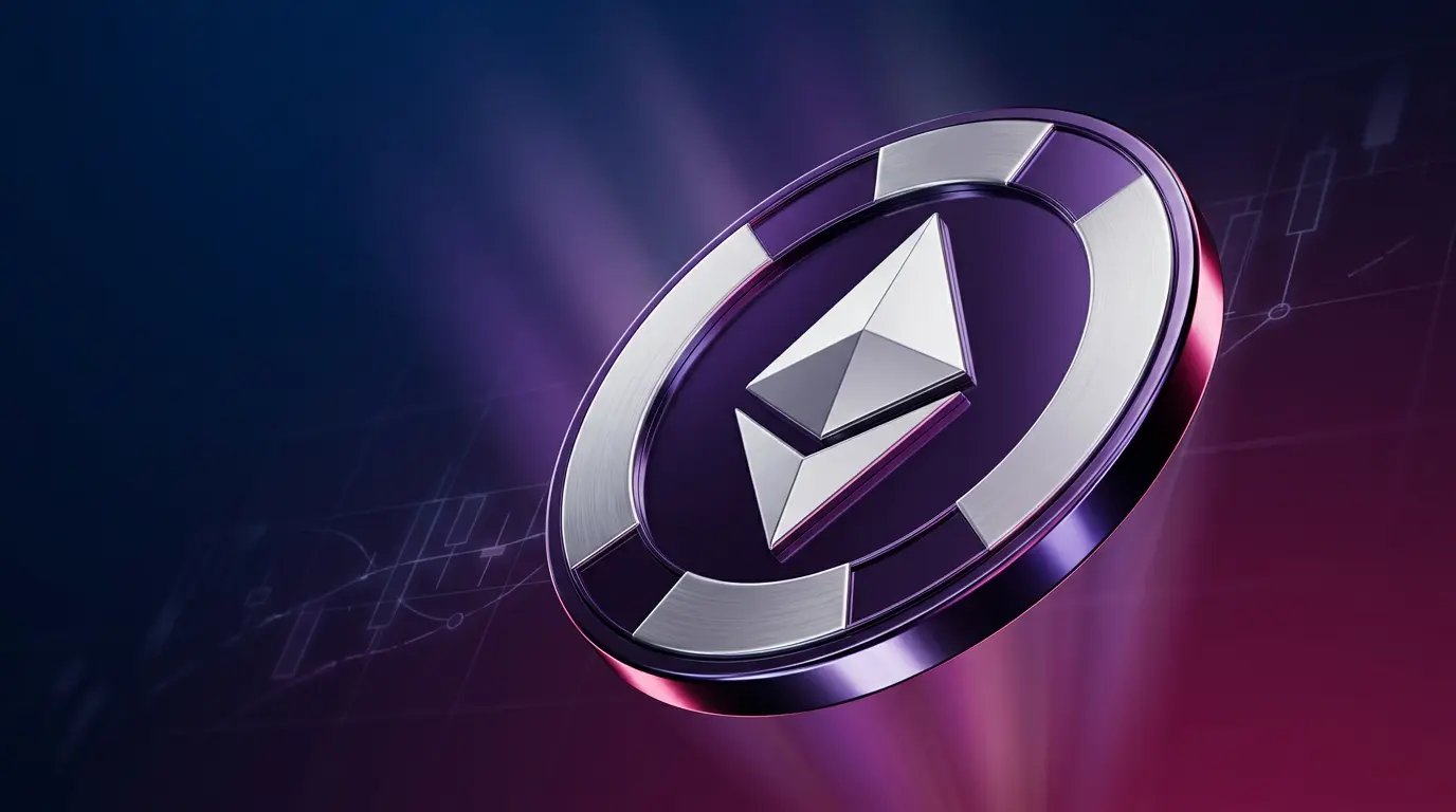 Ethereum coin with purple gradient and grid overlay representing price momentum and technical analysis