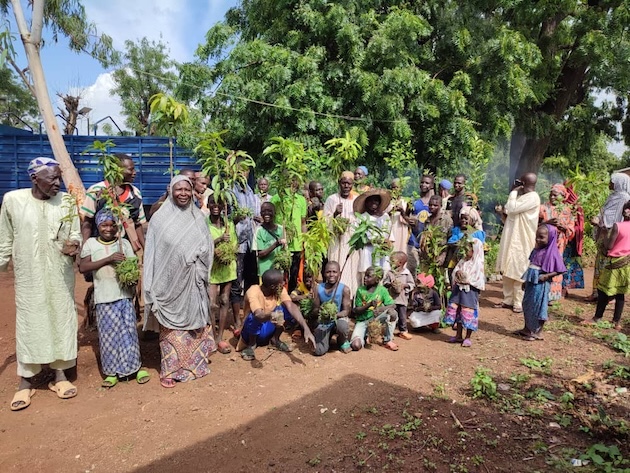 Cameroonian participants of the My Farm Trees project with saplings for planting on their farms. The digital project is aimed at improving both the environment and livelihoods of smallholder farmers. Credit: Marius Ekeu/My Farm Trees
