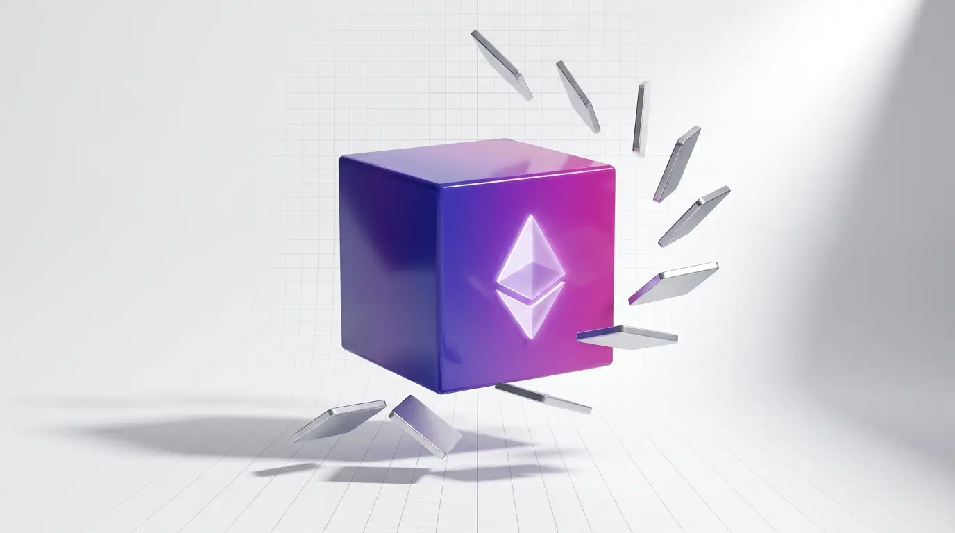 Ethereum symbol in purple gradient cube with floating index tiles representing Russell 2000 rebalancing