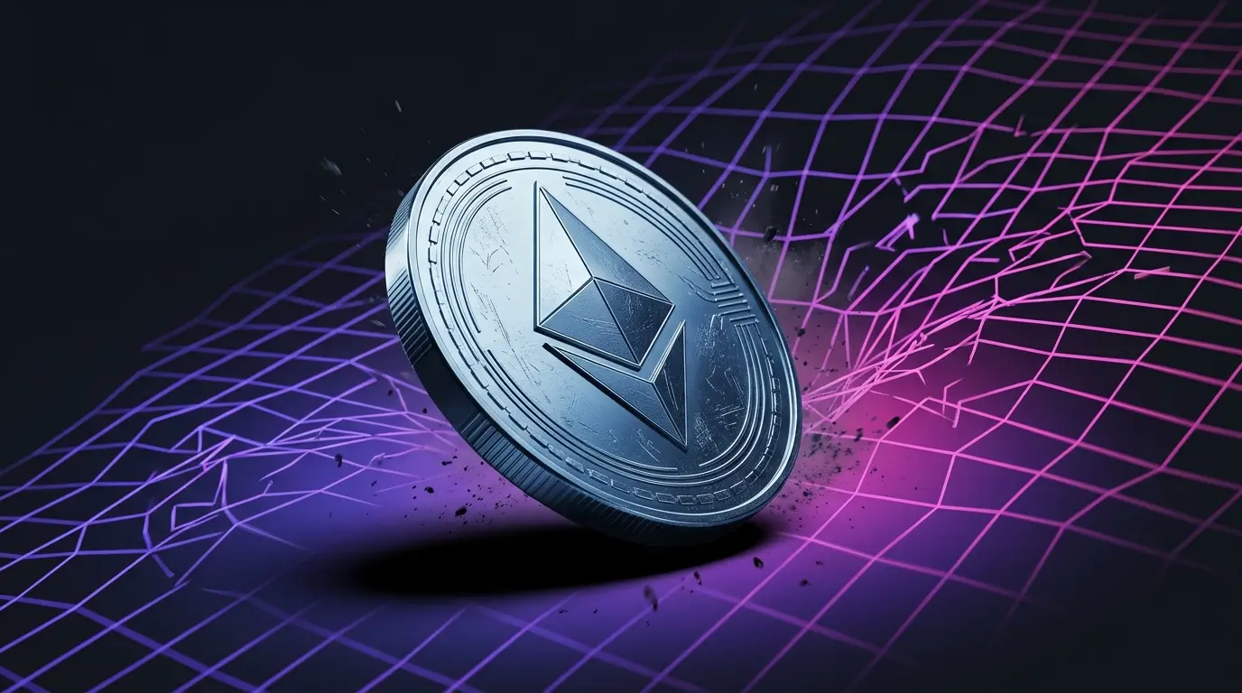 Ethereum coin falling at sharp angle against purple-magenta gradient grid showing market volatility