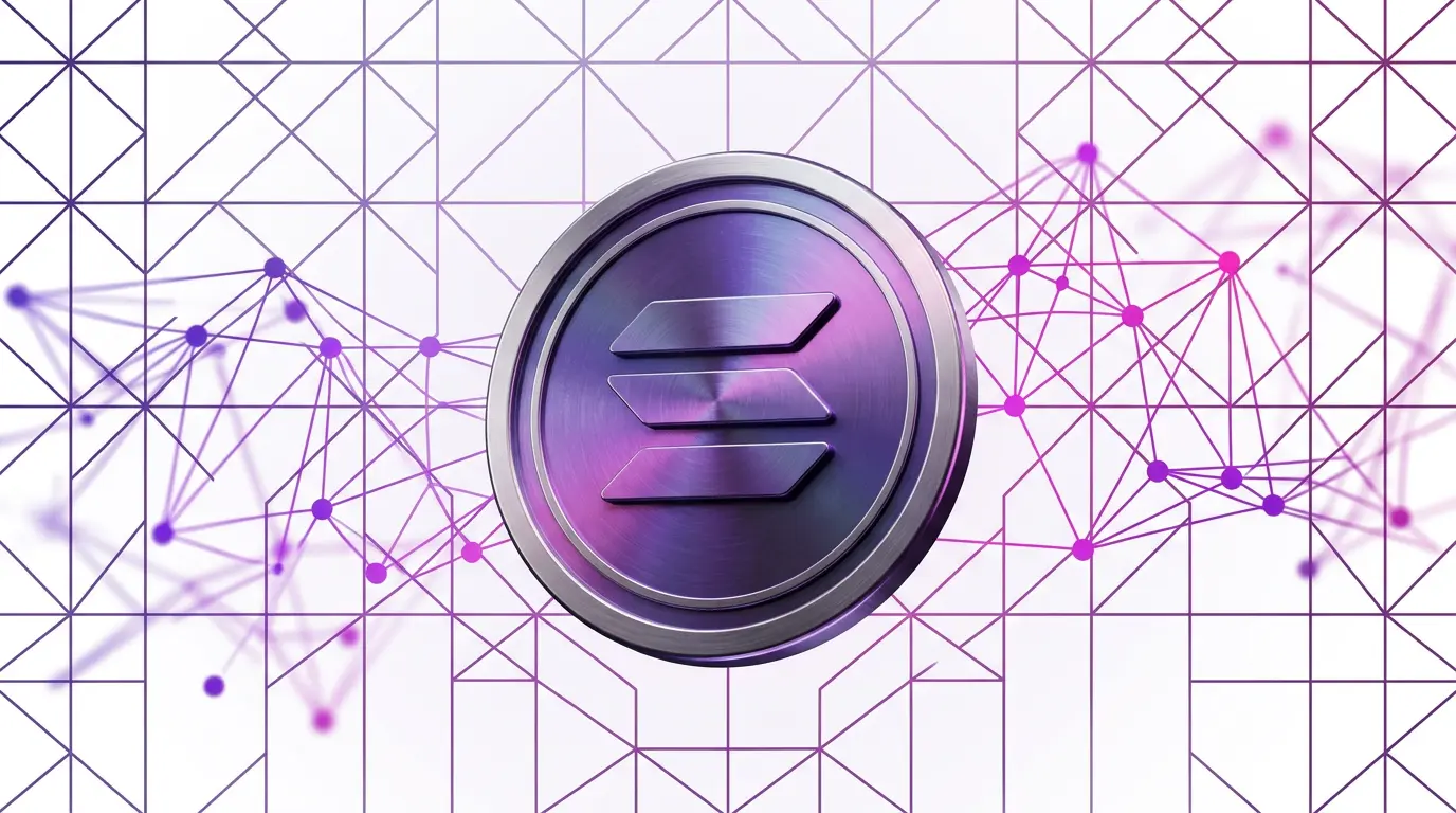 Solana cryptocurrency coin with purple and magenta network connections on white grid background