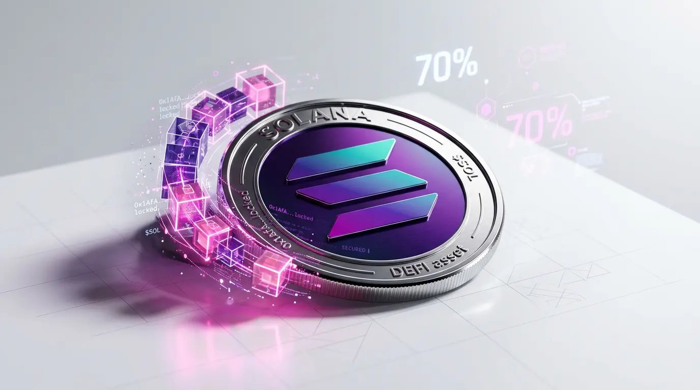 Solana News: Coinbase Just Added Solana as Loan Collateral Alongside Bitcoin and Ethereum: Is SOL Finally Getting Its Moment? Solana coin wrapped in digital smart contract visualization with 70% overlay on white studio background