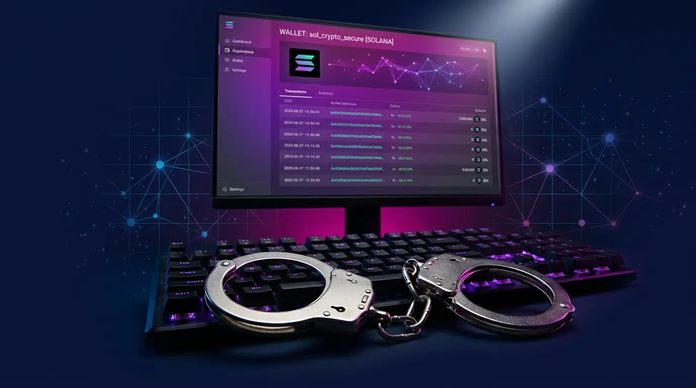 Handcuffs on keyboard with crypto wallet screen showing blockchain visualization in purple lighting