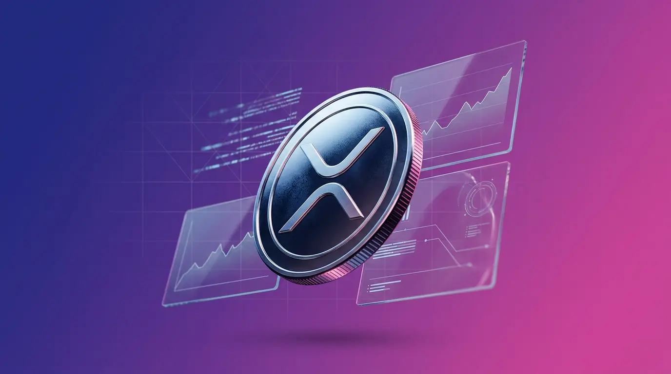 XRP cryptocurrency coin with purple-magenta gradient background and digital grid overlay