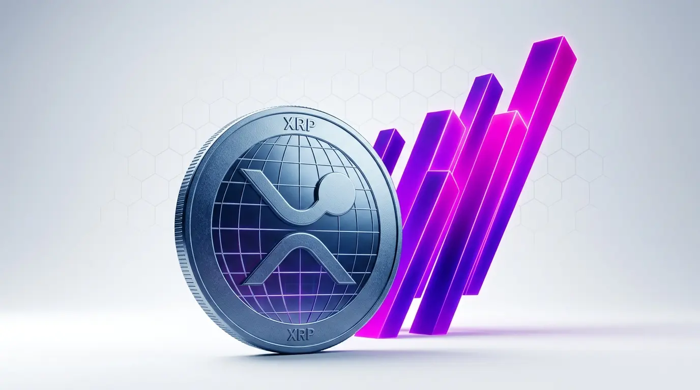 XRP coin stationary with rising purple gradient columns representing RLUSD growth in modern studio setting