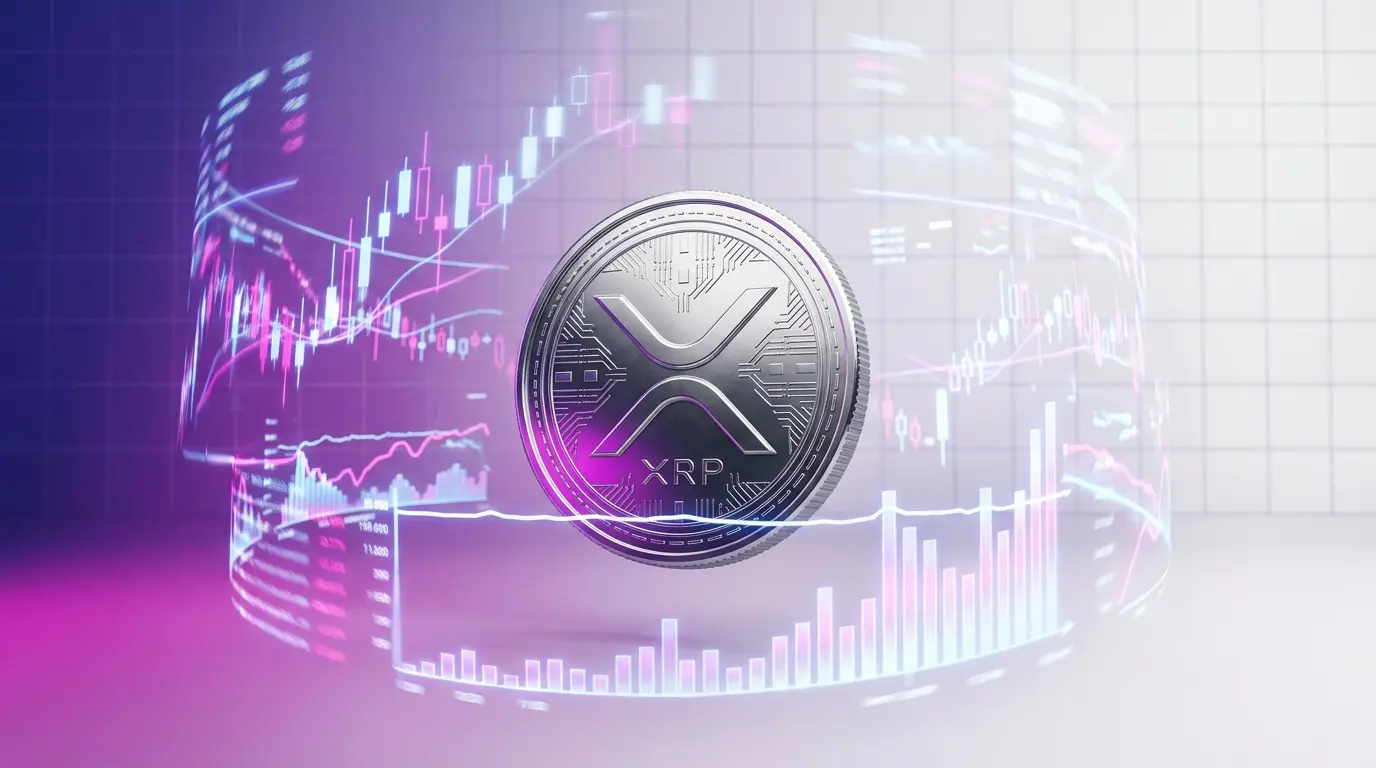 XRP coin surrounded by holographic futures trading charts showing volume surge with flat price action
