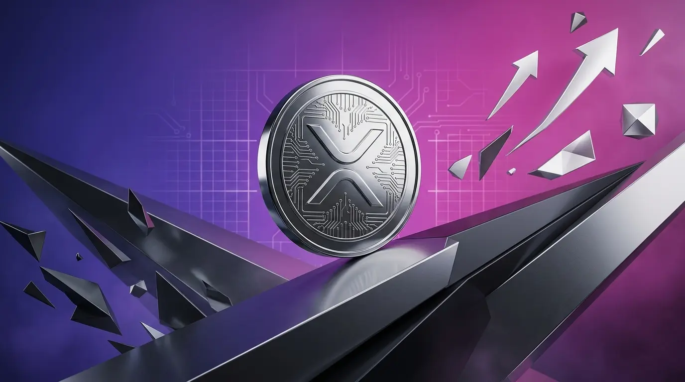 XRP cryptocurrency coin balanced between rising and falling geometric planes with purple-magenta gradient background