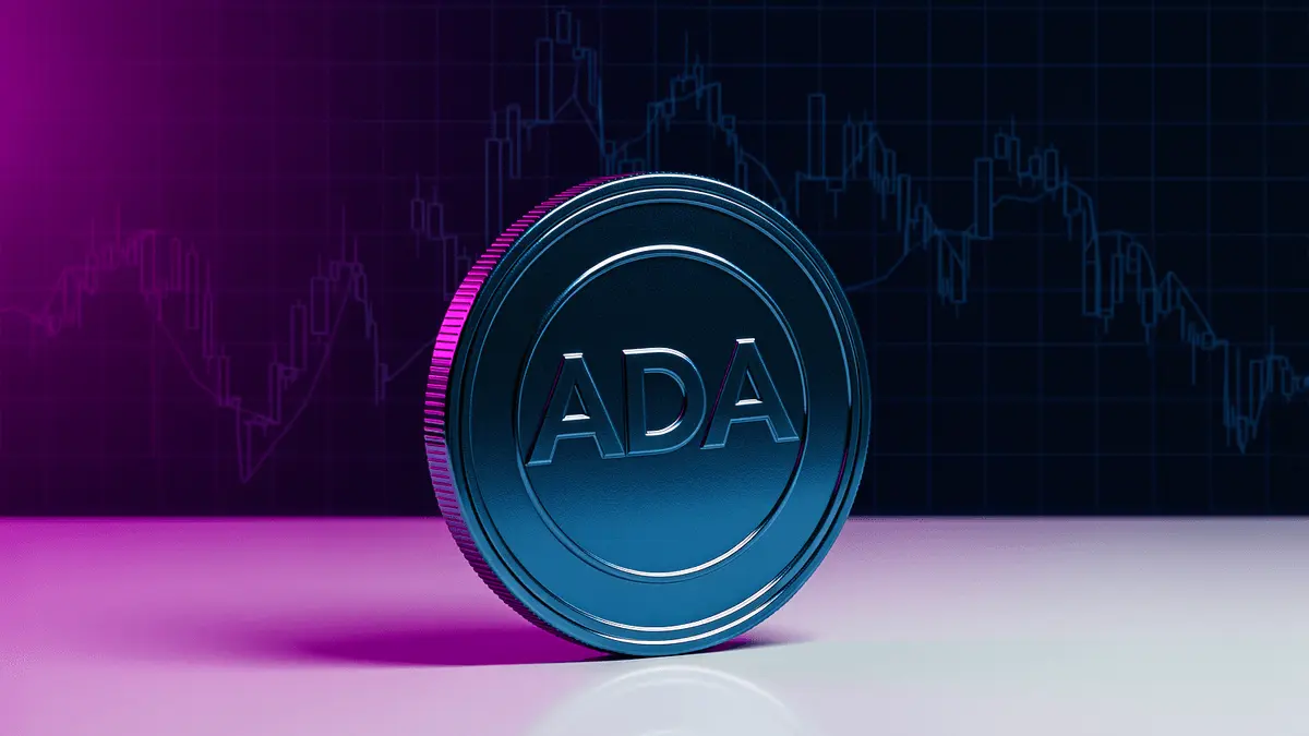 Cardano ADA coin with technical chart grid showing price support levels and downward trend analysis