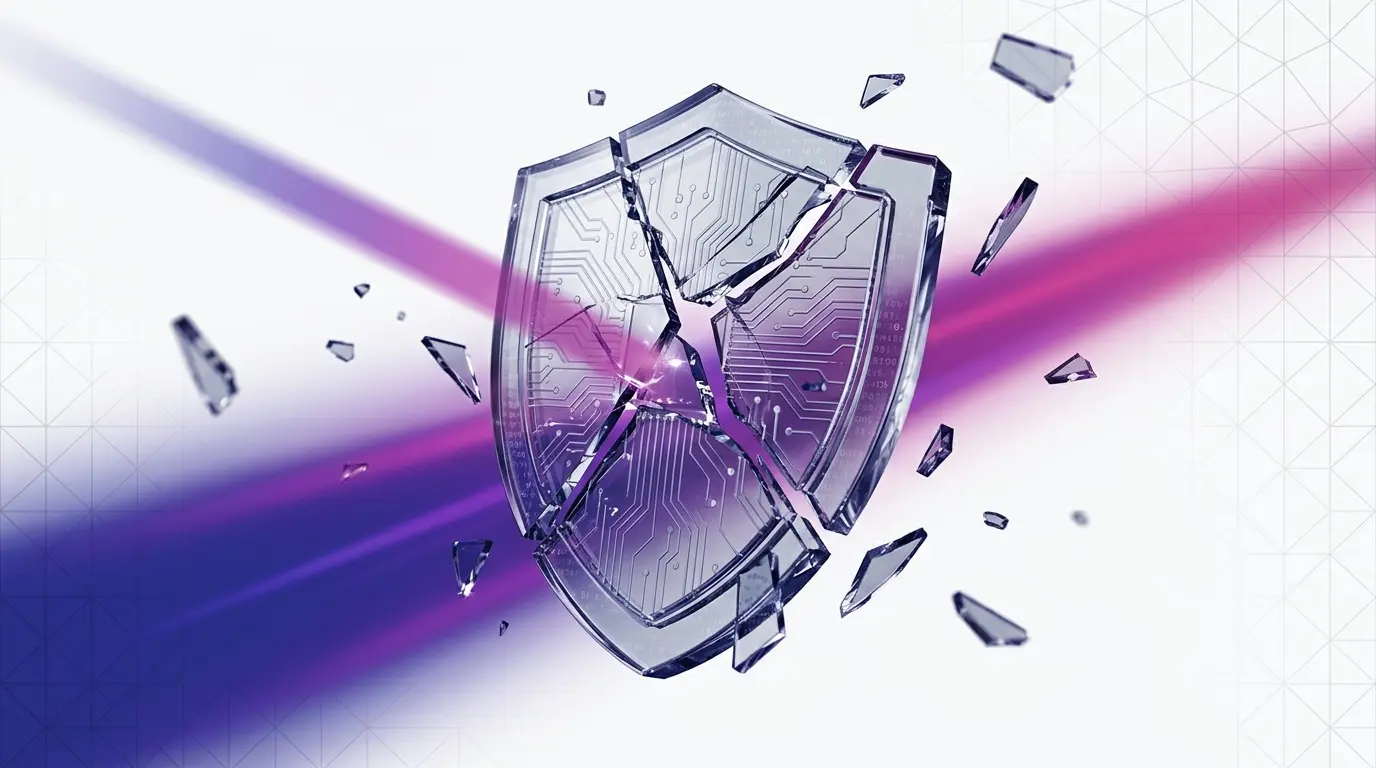 Fractured transparent shield with circuit patterns breaking apart under purple and magenta gradient lighting