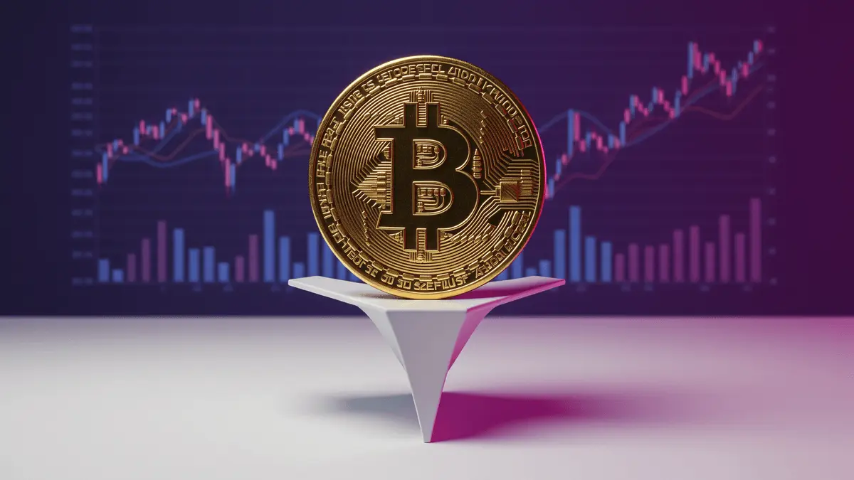 Bitcoin coin balanced on edge symbolizing critical price decision point with purple gradient lighting