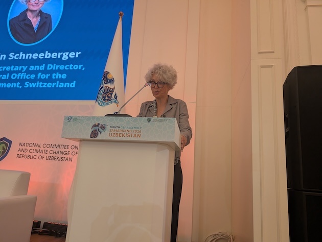 Katrina Schneeberger, State Secretary and Director of Switzerland’s Federal Office for the Environment, delivers remarks during the official launch of the Central Asia Water–Land Nexus Programme at the Eighth Global Environment Facility (GEF) Assembly in Samarkand, Uzbekistan. Photo: Kizito Makoye/IPS
