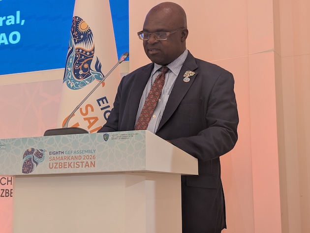 FAO Deputy Director-General Godfrey Magwenzi speaking about the interconnection of climate change, biodiversity loss, water stress, land degradation, and food security across landscapes, river basins, and economies in Central Asia. Credit: Kizito Makoye/IPS