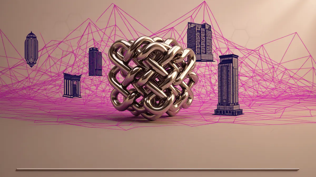 Chainlink cube logo surrounded by banking network connections and flat price chart line