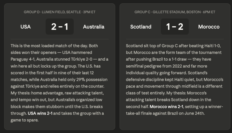 Claude AI World Cup Predictions: USA VS Australia, Morocco VS Scotland