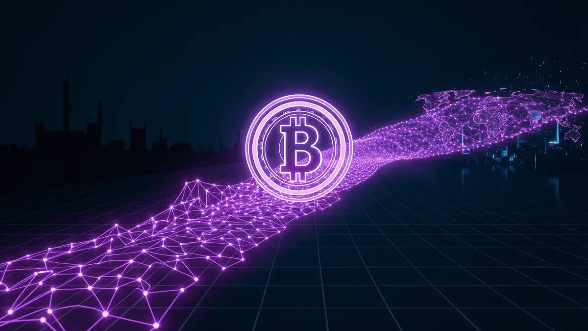 Digital blockchain corridor showing crypto flow from sanctioned entities through exchange gateway