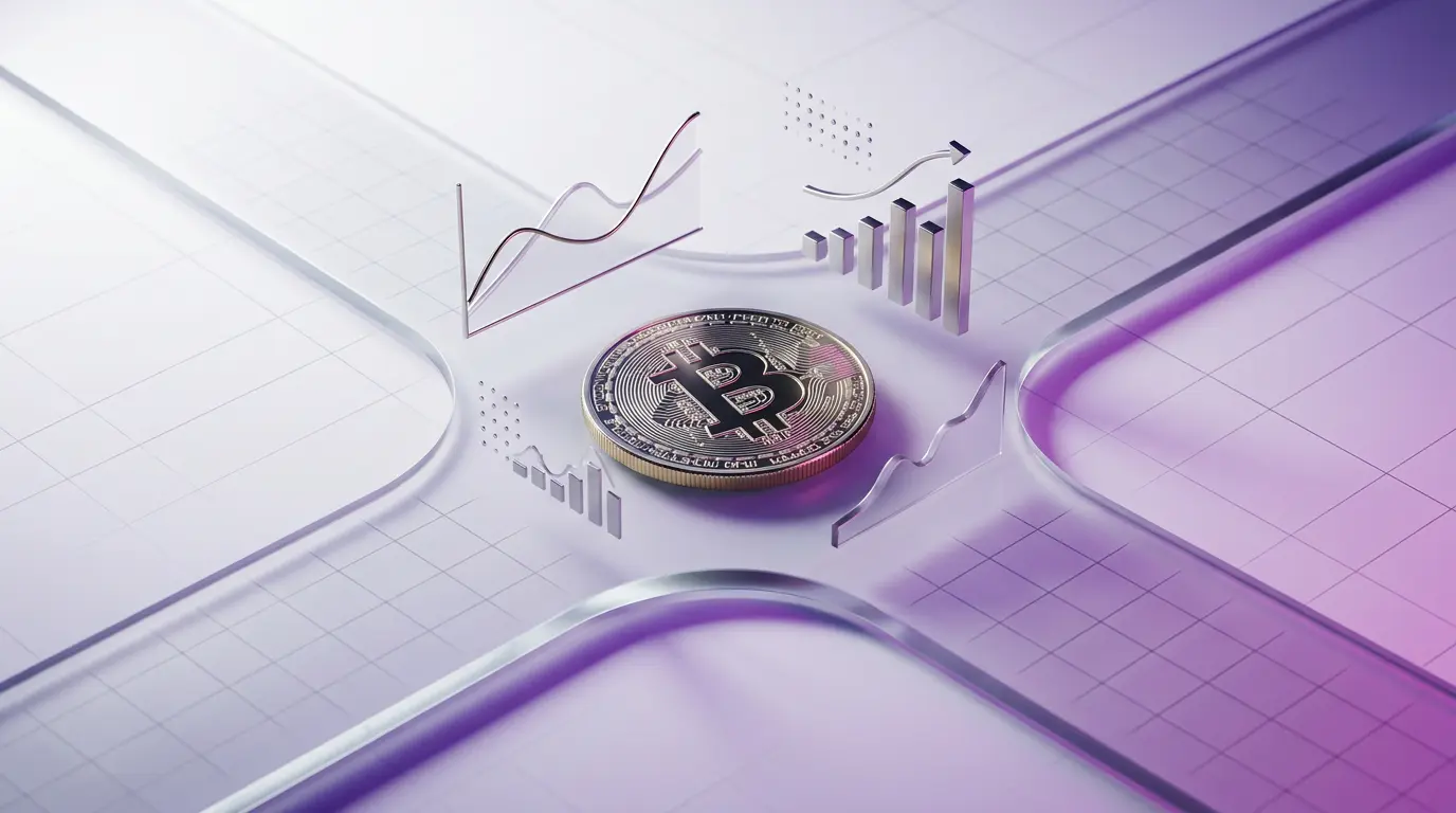 Bitcoin coin with economic data transmission pathways and purple gradient lighting on white background