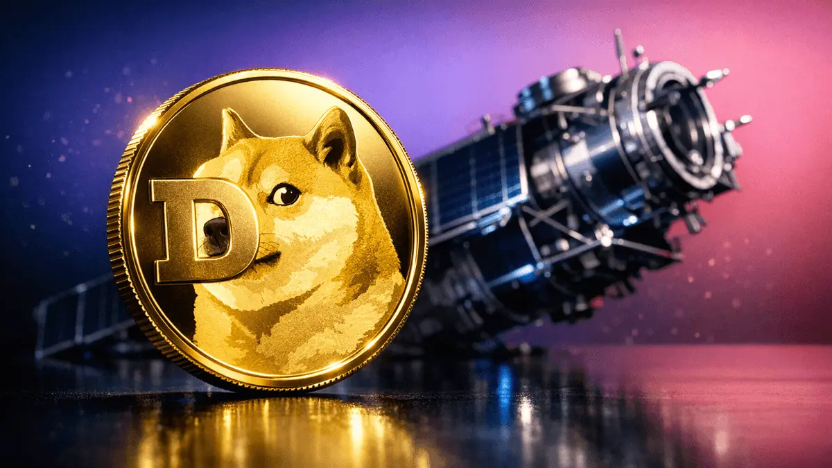 Dogecoin token with spacecraft element against purple-magenta gradient background