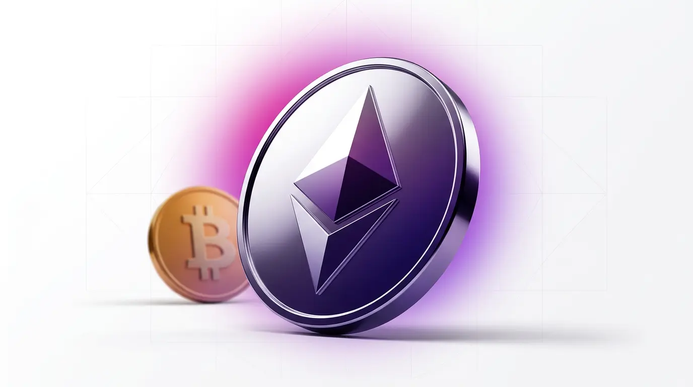 Ethereum coin outshining Bitcoin in studio-lit crypto comparison visual