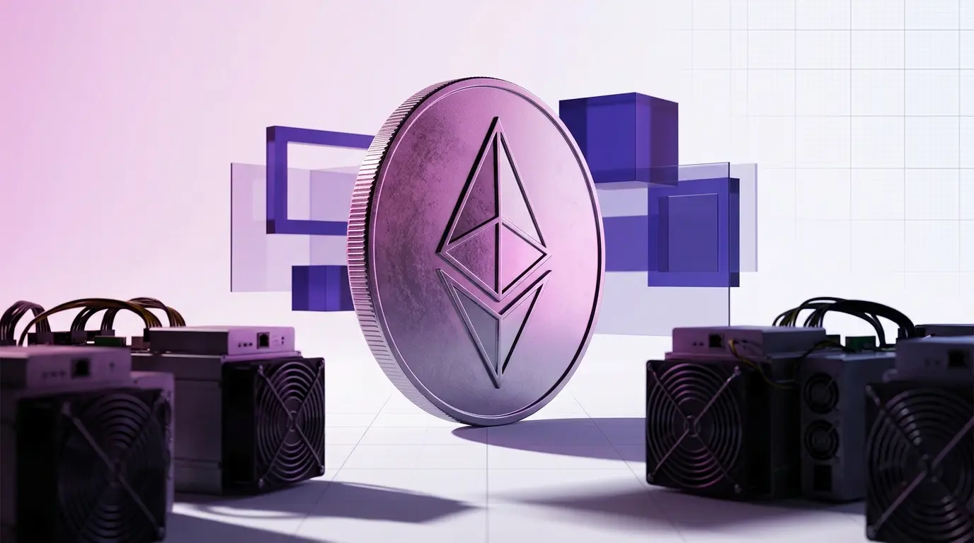 Ethereum coin with mining hardware in studio setting showing corporate strategy shift to staking