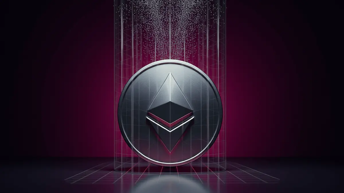 Glowing Ethereum coin locked in digital grid with purple-magenta gradient representing ETH staking surge