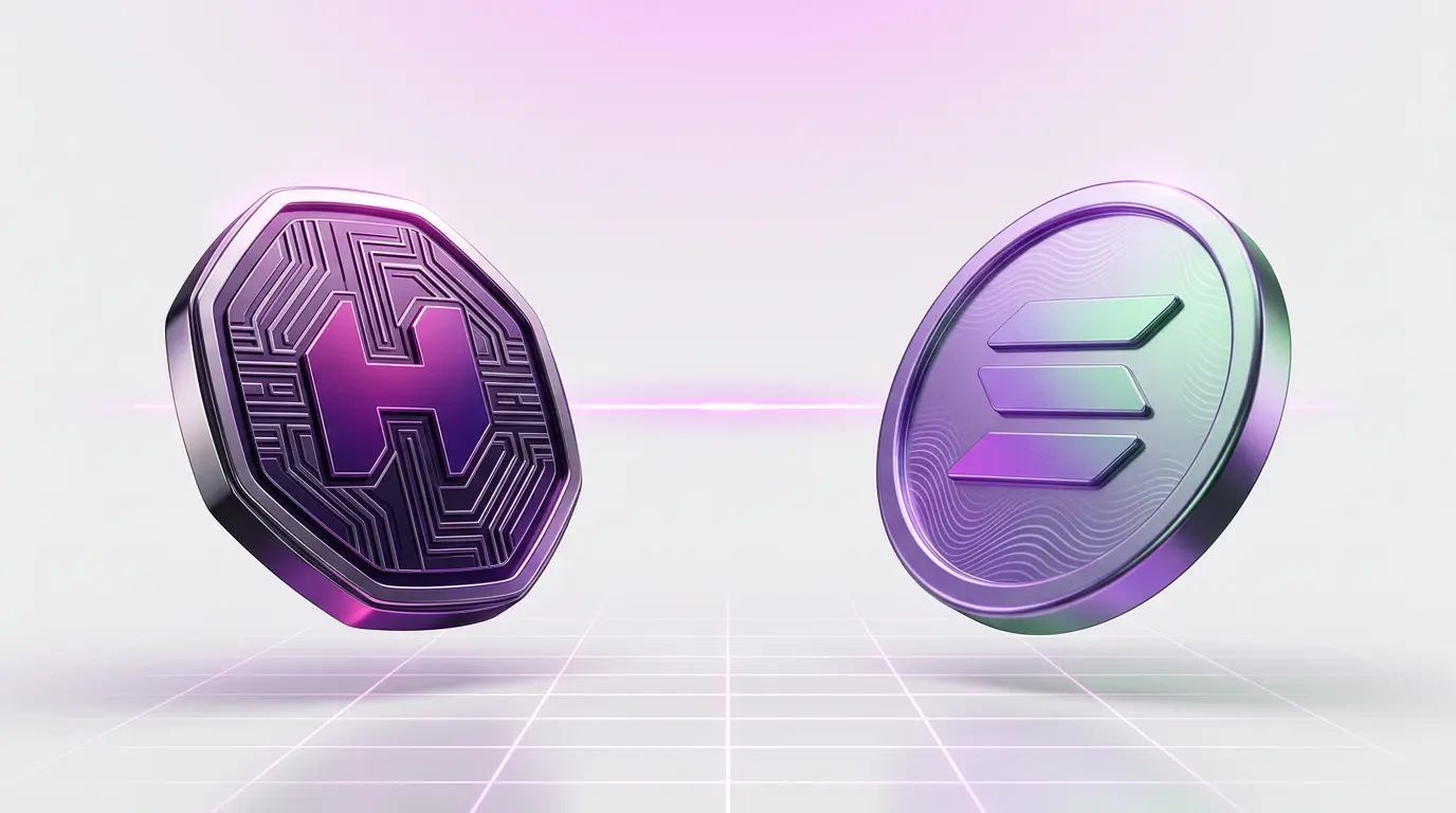 Hyperliquid vs Solana cryptocurrency comparison visual with gradient-lit metallic tokens